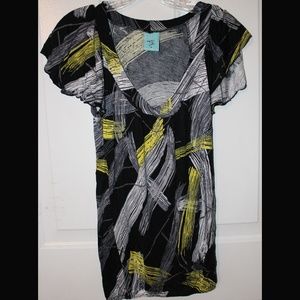 Loose Blouse Top Yellow Black Streaks Short Sleeve